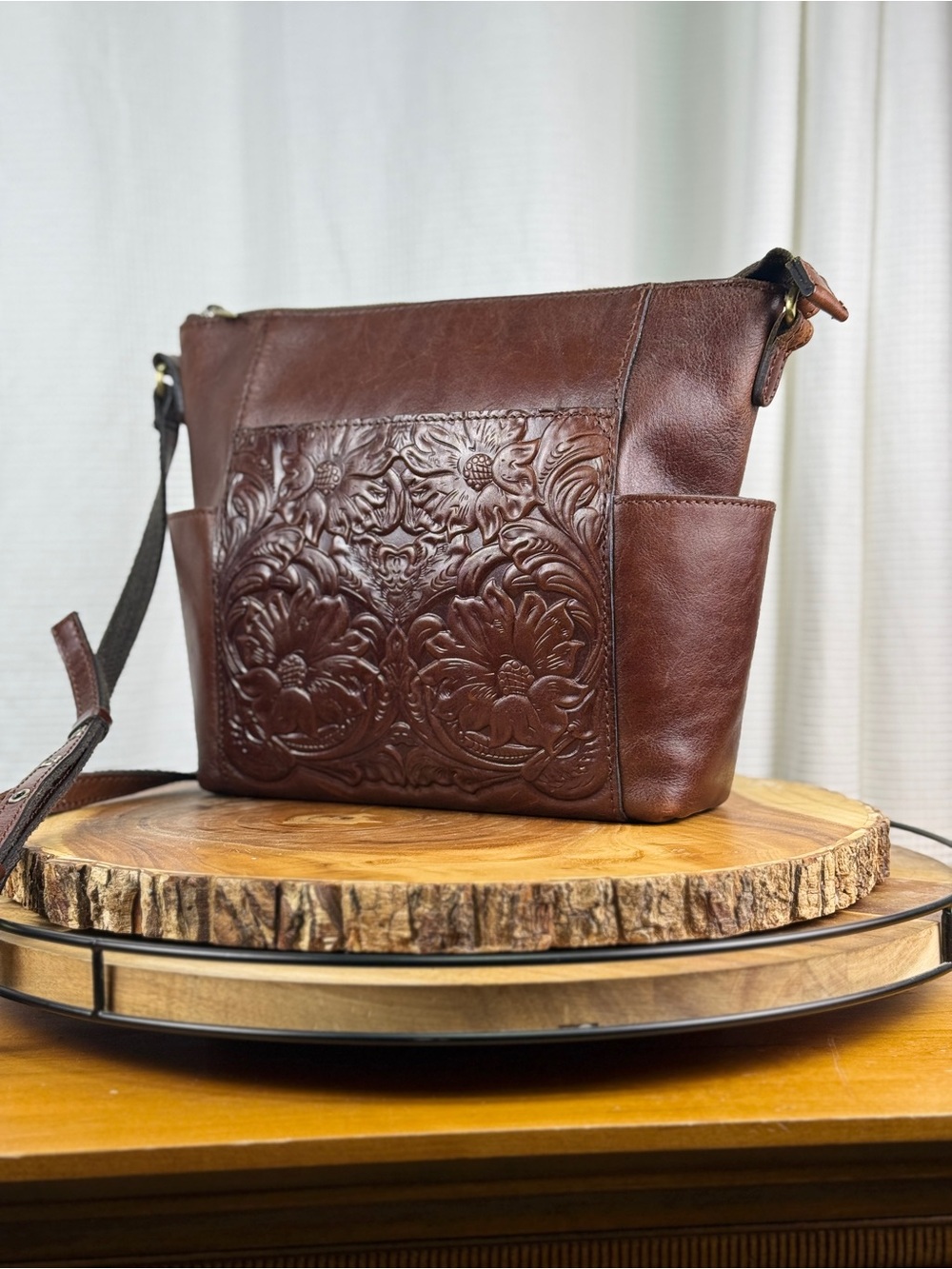 Patricia Nash Aveley Chestnut Tooled Leather Floral Crossbody Bag EUC - Picture 13 of 15